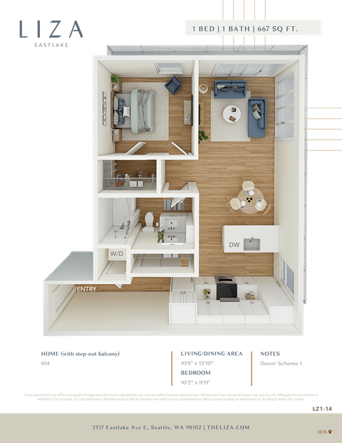 Liza Apartment 3D floor plan - 1x1 667 sqft
